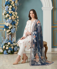 WHITE FLORAL & MIDNIGHT BLUE WITH MULTI FLORAL Digital Printed 3Pc suit with Luxury Voile Dupatta(Unstitched)