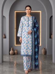 BASE LIGHT PEACH WITH NAVY BLUE & FEROZI PRINTED LAWN SUIT WITH VOILE DUPATTA 3Pc (Unstitched)