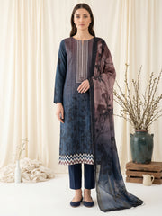BLUE & BROWN Digital Printed Premium Lawn with Light weight Voile Dupatta 3pc Suit (Unstitched)