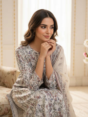 BASE BRIGHT CREAM WITH MULTI PRINT Digital Printed Full Suit (3Pc) suit with Luxury Voile Dupatta(Unstitched)
