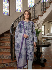 BASE LIGHT BLUE GRAY WITH PURPLE GREEN Digital Printed 3Pc suit with Luxury Voile Dupatta(Unstitched)