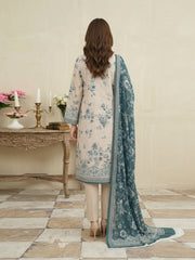 CLASSIC BLUE & LIGHT CREAM Printed Full Suit (3Pc) suit with Luxury Voile Dupatta(Unstitched)