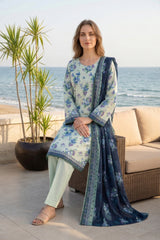 HONEYDEW WITH BLUE PURPLE PRINTED LAWN SUIT WITH VOILE DUPATTA 3Pc (Unstitched)