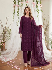 Dark Plum Chiffon Embroidered 3Pc Suit (Unstitched)