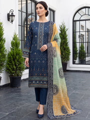 DEEP BLUE WITH MULTI Digital Printed 3Pc suit with Luxury Voile Dupatta(Unstitched)