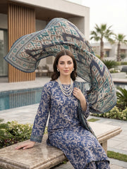 DARK BLUE WITH MULTI PRINTED LAWN SUIT WITH VOILE DUPATTA 3Pc (Unstitched)