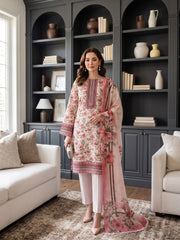 CORAL PEACH WITH MULTI Printed Premium Lawn with Voile Dupatta 3pc Suit (Unstitched)