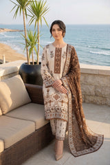 IVORY & BROWN PRINTED LAWN SUIT WITH VOILE DUPATTA 3Pc (Unstitched)