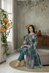 BASE TEAL BLUE WITH LIGHT GRAY & BLACK Premium Swiss Voile 3 PC Printed Suit (Unstitched)