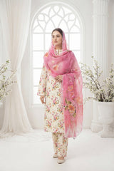 CREAM & HOT PINK WITH MULTI PRINT Printed Full Suit with Luxury ZARI Dupatta 3pc (Unstitched)