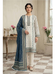 DEMINE BLUE IVORY & GREEN Printed 3Pc suit with Luxury Voile Dupatta(Unstitched)
