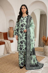 PASTEL GREEN & BLACK PRINTED LAWN SUIT WITH VOILE DUPATTA 3Pc (Unstitched)