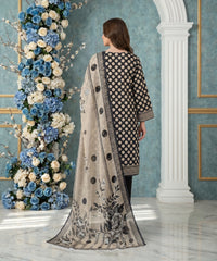 BLACK & CREAM Digital Printed 3Pc suit with Luxury Voile Dupatta(Unstitched)